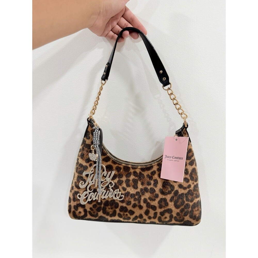 Juicy Couture Top Player Leopard Print Faux Fur Shoulder Bag~JC Logo Charm~NWT